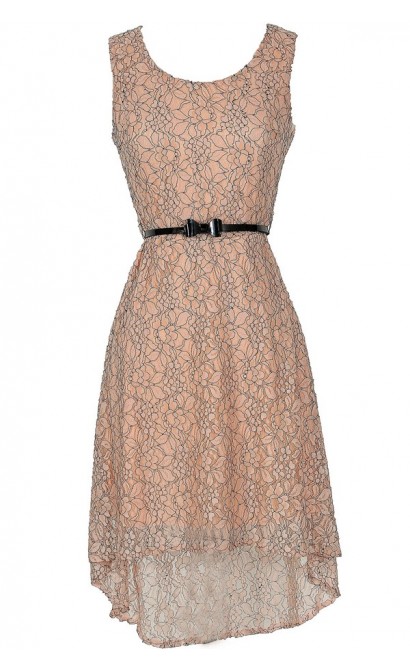 Drawing Outlines Belted Floral Lace High Low Dress in Pink
